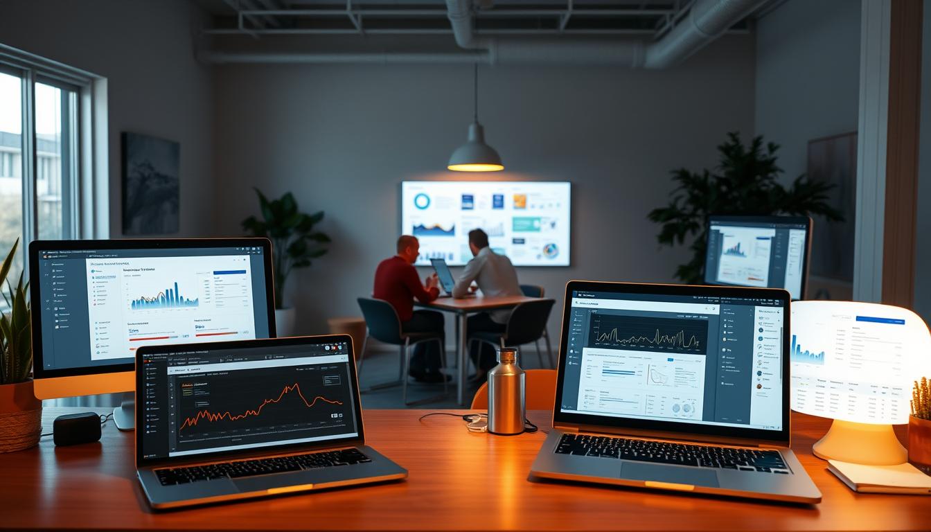 A serene workspace showcasing a diverse array of SEO tools, their sleek interfaces displayed on modern monitors. Diffused, warm lighting casts a soft glow, creating an inviting and productive atmosphere. In the foreground, a laptop and tablet display various analytics dashboards, while in the middle ground, several people collaborate around a centralized desk, discussing strategies. The background features a minimalist office setting, with stylish furniture and greenery adding a touch of natural elegance. The image conveys the appeal of a Toolzen alternative - a harmonious balance of powerful SEO tools and a collaborative, technology-driven workspace.