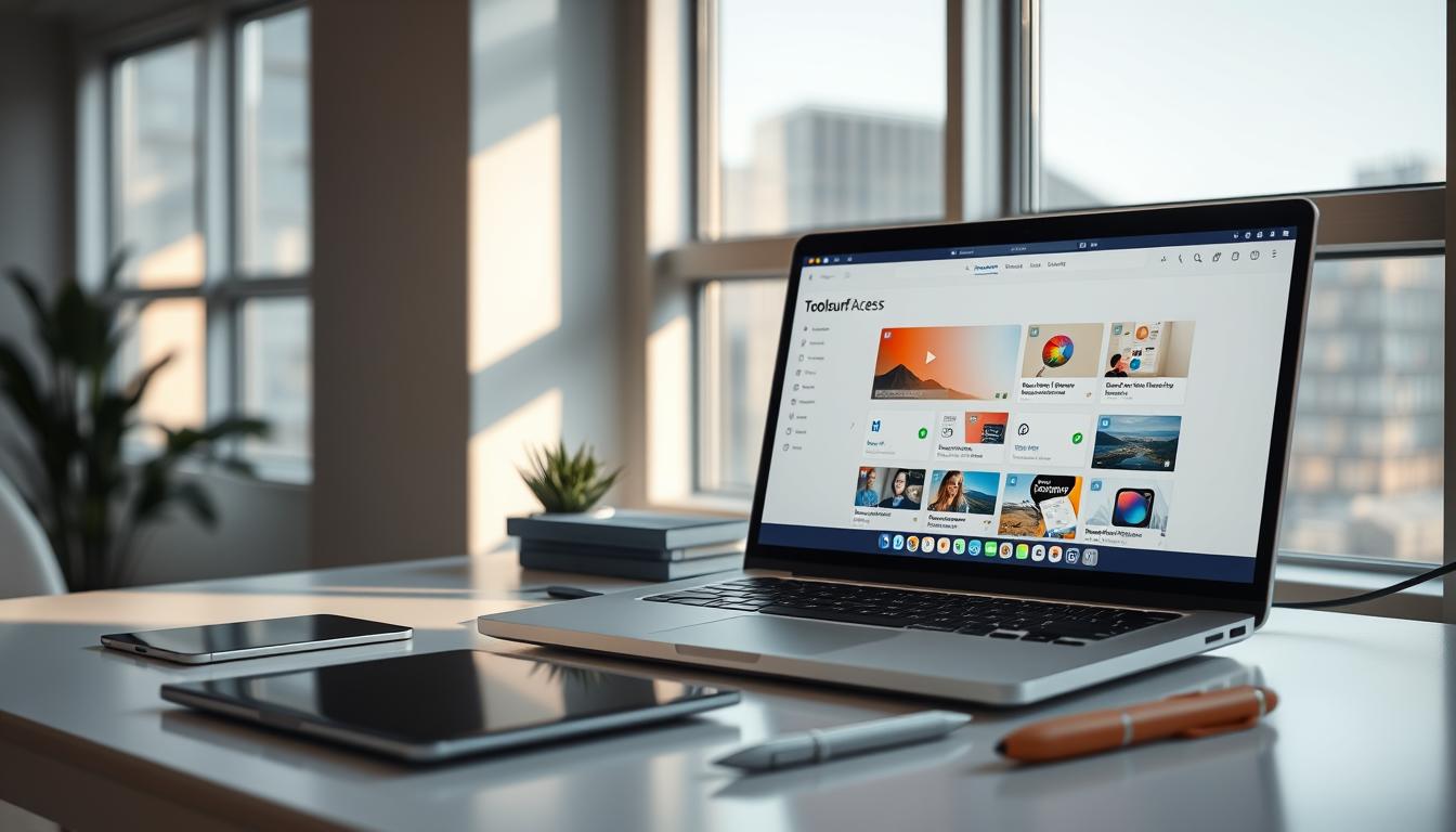 A serene workspace with a laptop computer, a tablet, and an array of productivity tools neatly arranged on a sleek, modern desk. Soft, natural lighting streams in through large windows, casting a warm glow over the scene. The workspace is uncluttered, with clean lines and a minimalist aesthetic that promotes focus and efficiency. The toolsurf access interface is displayed prominently on the laptop screen, its intuitive design and user-friendly features inviting the viewer to explore its capabilities. The overall mood is one of professional productivity and technological sophistication.