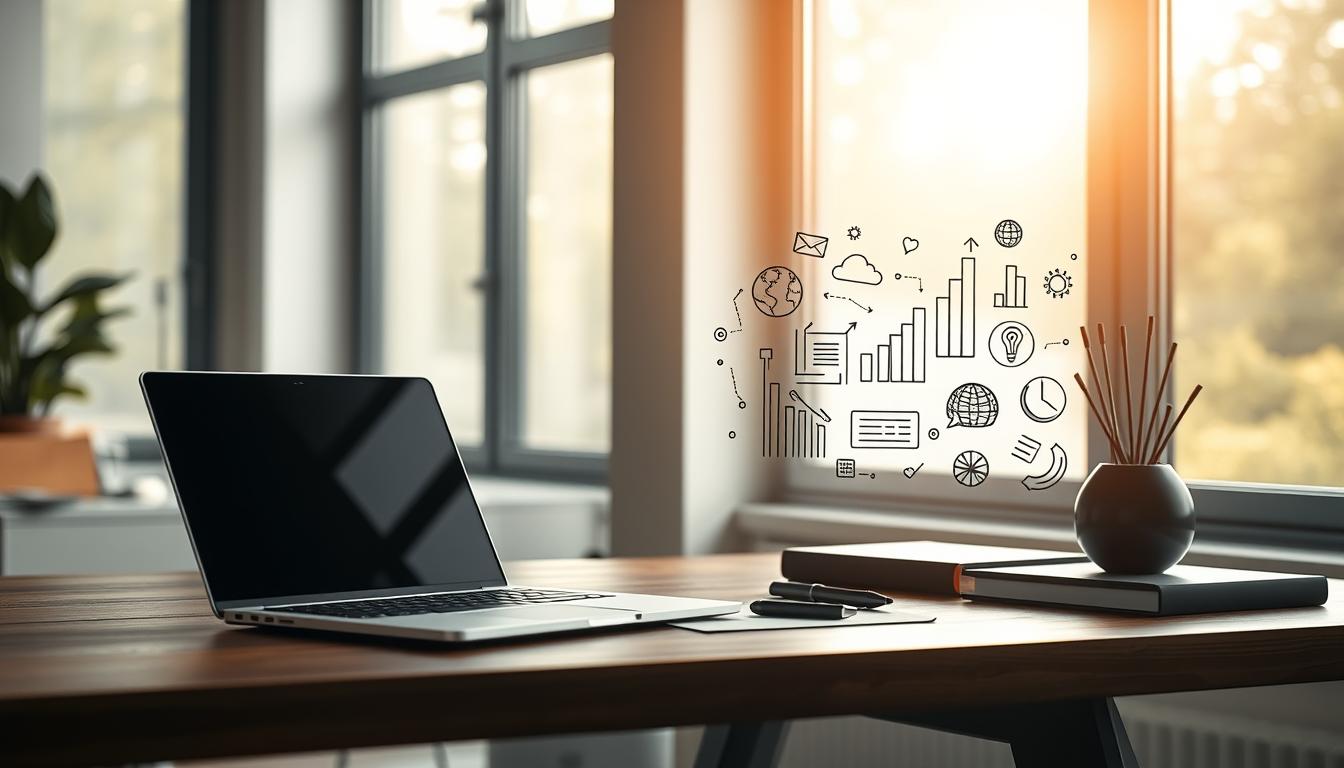A serene workspace with a laptop, tablet, and digital pen on a minimalist wooden desk. Soft natural lighting filters through large windows, casting a warm glow over the scene. In the background, a stylized AI-generated illustration depicting data visualization and content strategy flows seamlessly into the composition. The overall atmosphere is one of focused productivity and creative inspiration, reflecting the integration of AI writing tools into a comprehensive content strategy.