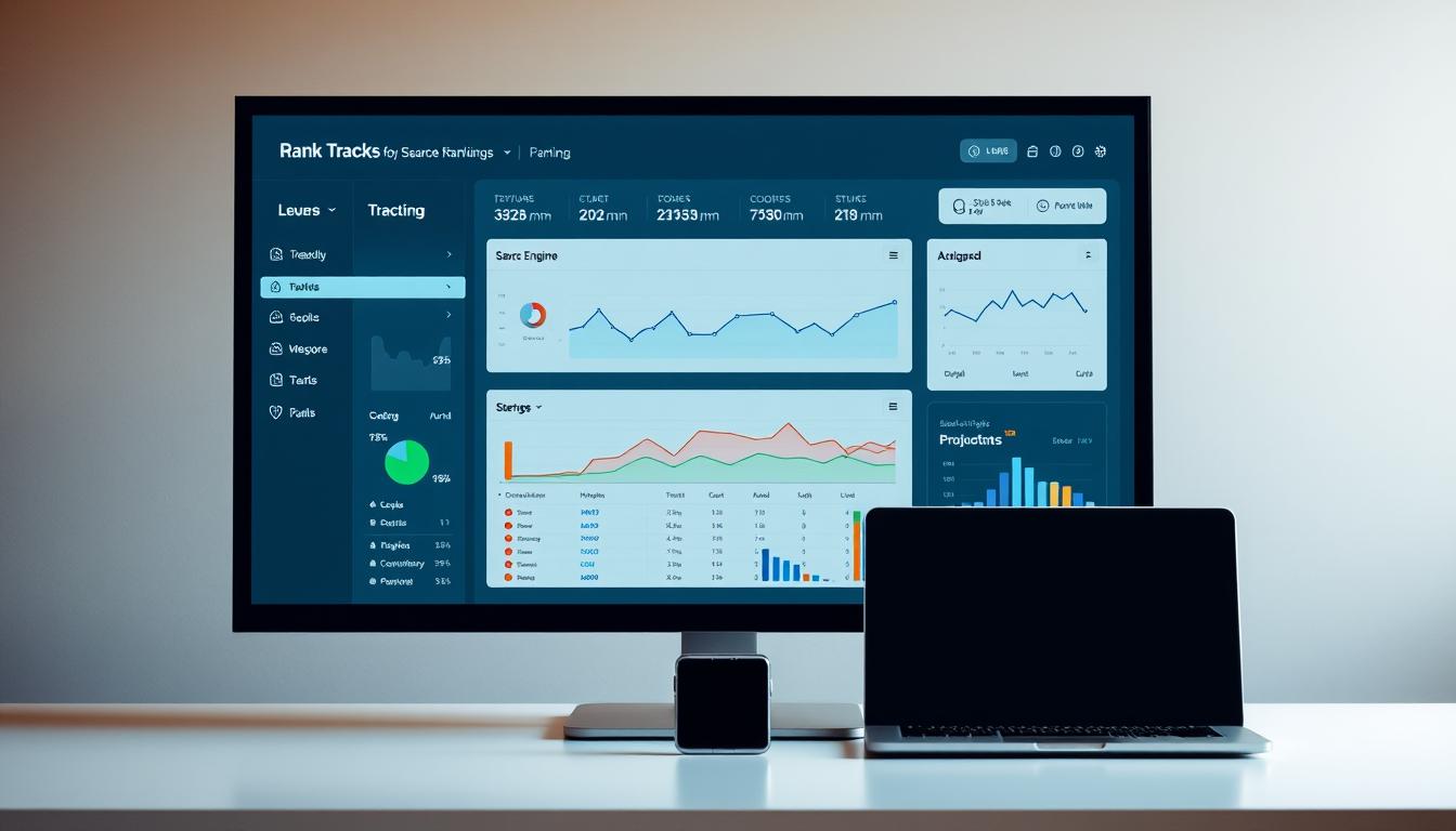 A sleek and minimalist rank tracker dashboard set against a soft, muted backdrop. In the foreground, a large monitor displays a clean, data-driven interface with color-coded metrics, graphs, and charts tracking search engine rankings. The layout is thoughtfully designed, with ample negative space and intuitive navigation. Subtle lighting casts a warm glow, creating a sense of focus and productivity. In the middle ground, a laptop and smartphone sit alongside the monitor, suggesting the versatility of the tracking system. The background features a blurred cityscape, hinting at the wider business context. The overall scene conveys a sense of professionalism, efficiency, and the power of data-driven decision-making.