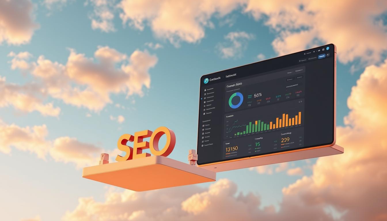 A sleek and modern all-in-one SEO platform floating against a cloud-filled sky, with a clean and minimalistic user interface showcasing essential SEO tools and analytics. The platform is bathed in a warm, golden light, creating a sense of productivity and efficiency. In the foreground, a subtle 3D graphic representation of the platform's key features, such as keyword research, link building, and content optimization, are arranged in a visually striking layout. The middle ground features a large, high-resolution display of the platform's dashboard, highlighting its comprehensive suite of SEO solutions. The background is a serene, azure sky, symbolizing the platform's cloud-based nature and the seamless integration of its tools. The overall scene conveys a powerful, yet intuitive and user-friendly SEO platform that can help businesses optimize their online presence. alt-text: all-in-one SEO platform