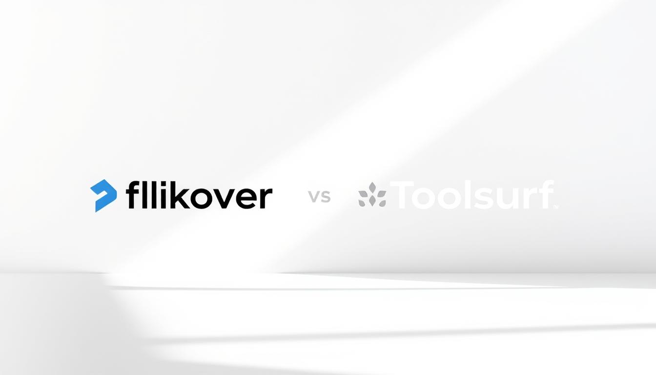 A sleek and modern comparison of the Flikover and Toolsurf SEO tools, showcased in a minimalist, high-contrast scene. In the foreground, the two software logos are prominently displayed, with a minimalist, angular design that emphasizes their distinct features. The middle ground features a clean, white background, creating a sense of clarity and focus. In the background, a subtle grid pattern in shades of gray adds a touch of technical sophistication, hinting at the advanced analytical capabilities of the tools. The lighting is crisp and directional, casting subtle shadows that accentuate the dimensional aspects of the scene. The overall mood is one of professionalism, efficiency, and technological prowess.