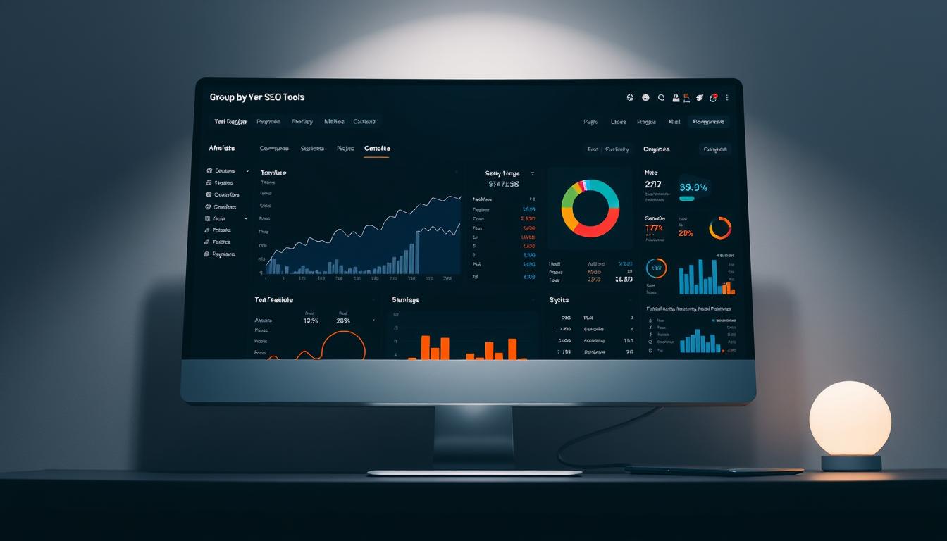 A sleek and modern group buy SEO tools dashboard, displayed on a high-resolution desktop monitor. The interface showcases intuitive data visualizations, including line graphs, pie charts, and performance metrics for popular SEO platforms like Ahrefs, SEMrush, and Moz. The layout is clean and uncluttered, with a dark color scheme that highlights the vibrant data points. Soft, directional lighting casts a subtle glow across the scene, creating a professional and authoritative atmosphere. The camera angle is slightly elevated, providing a comprehensive view of the dashboard and its diverse suite of SEO insights and analysis tools.