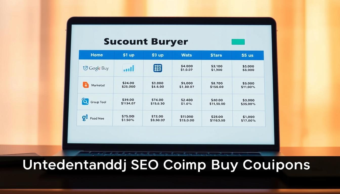 A sleek and modern-looking group buy discount board displayed on a laptop screen, showcasing various marketing tool icons and their corresponding discounted prices. The scene is illuminated by a warm, soft light, creating a inviting and visually appealing atmosphere. The board is organized in a clean, grid-like layout, making it easy to navigate and understand the available discounts. The background features a subtle, blurred pattern or texture, providing a visually interesting, yet unobtrusive backdrop. The overall composition strikes a balance between professionalism and visual appeal, perfectly suiting the "Understanding SEO Group Buy Coupons" section of the article.