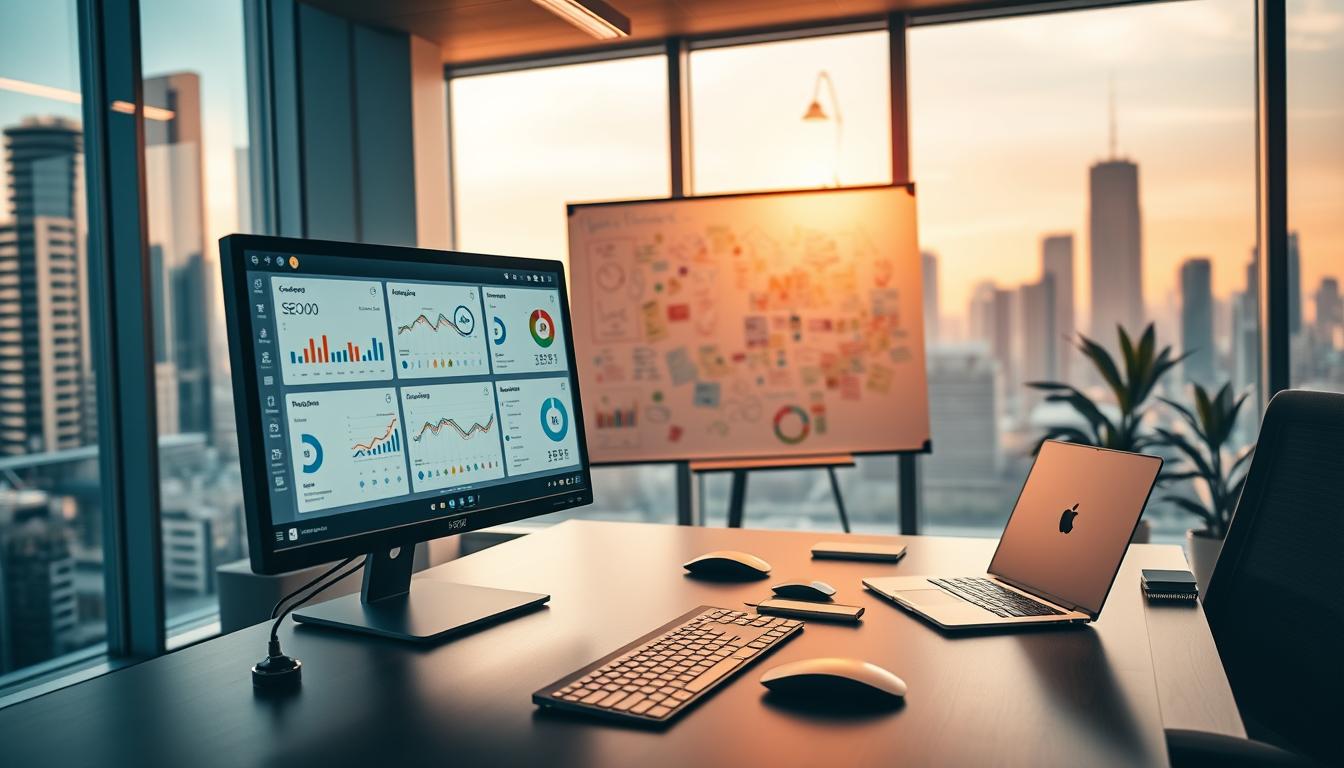 A sleek and modern office scene, bathed in warm, directional lighting. In the foreground, a high-quality desktop monitor displays an array of SEO tool dashboards, showcasing their advanced analytics and optimization features. On the desk, a premium laptop, a stylish mouse, and a subtle, minimalist keyboard create a visually appealing and professional setup. In the middle ground, a large whiteboard is covered in colorful notes and diagrams, indicating a collaborative workflow. The background features floor-to-ceiling windows, overlooking a bustling city skyline, creating a sense of urban sophistication. The overall mood is one of efficiency, productivity, and the cutting edge of digital marketing.