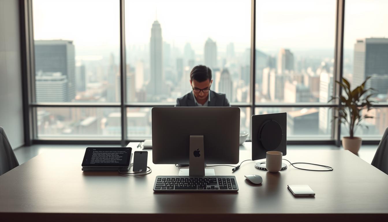 A sleek and modern office scene with a prominent desk in the foreground, featuring an array of AI-powered writing and content creation tools. In the middle ground, a person is seated at the desk, intently focused on their work, surrounded by a minimalist, well-lit environment. In the background, a large window offers a view of a bustling city skyline, adding depth and context to the scene. The lighting is warm and diffused, creating a productive and innovative atmosphere. The overall composition conveys the power of AI-driven tools to enhance productivity and streamline the content creation process.