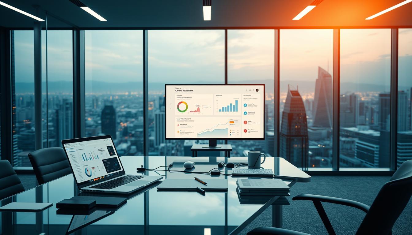 A sleek and modern office setting, illuminated by warm, directional lighting from above. In the foreground, an array of AI-powered content optimization tools are neatly arranged on a glass-topped desk, including a laptop, tablet, and various digital interfaces. The middle ground features a large, minimalist monitor displaying analytics and optimization suggestions. In the background, floor-to-ceiling windows offer a panoramic view of a bustling city skyline, conveying a sense of technological innovation and urban progress. The overall mood is one of efficiency, productivity, and the seamless integration of artificial intelligence into the content creation and optimization workflow.
