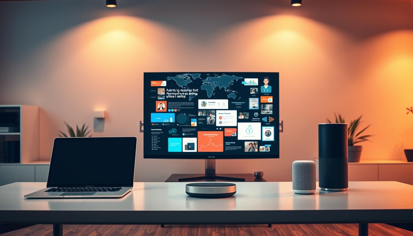 A sleek and modern office setting, illuminated by warm, directional lighting. In the foreground, an array of AI content automation tools - a laptop, a tablet, and a smart speaker - neatly arranged on a minimalist desk. The middle ground showcases a large monitor displaying various AI-generated content, including text, images, and audio. In the background, a stylized world map and abstract, geometric shapes convey the global, technological nature of these AI-powered tools. The overall mood is one of efficiency, innovation, and the seamless integration of AI into the creative workflow.