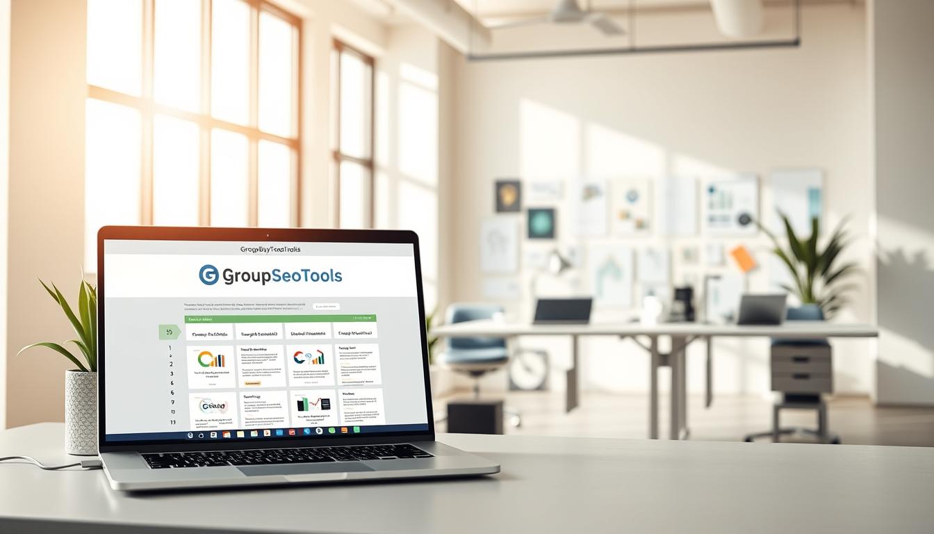 A sleek and modern software suite, showcased in a well-lit, minimalist workspace. In the foreground, a laptop displays the GroupBuySEOTools interface, its clean design and intuitive layout inviting exploration. The middle ground features an array of complementary digital tools, neatly organized on a stylish desk, hinting at the comprehensive nature of the offering. The background depicts a serene, sun-drenched office environment, with large windows allowing natural light to flood the scene, creating a sense of openness and productivity. The overall atmosphere conveys a professional, efficient, and visually appealing representation of the "GroupBuySEOTools" suite.