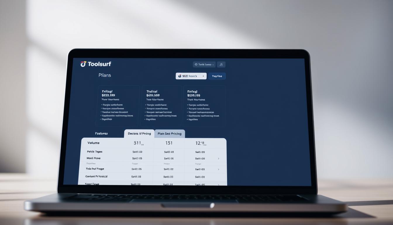 A sleek and modern user interface showcasing the Toolsurf plans, pricing, and SEO tools. In the foreground, a laptop screen displays the Toolsurf dashboard, highlighting the various plan options and their corresponding features. The middle ground features a minimalist, clean-lined table detailing the pricing tiers, while the background showcases a subtle, abstract pattern suggestive of digital analytics and optimization. Soft, even lighting casts a professional, authoritative tone, capturing the essence of the "Best SEMRush Business Group Buy Options" article section. The image should convey a sense of clarity, accessibility, and the valuable insights that the Toolsurf platform can provide for SEO and digital marketing professionals. Alt-text: Toolsurf plans pricing access seo tools