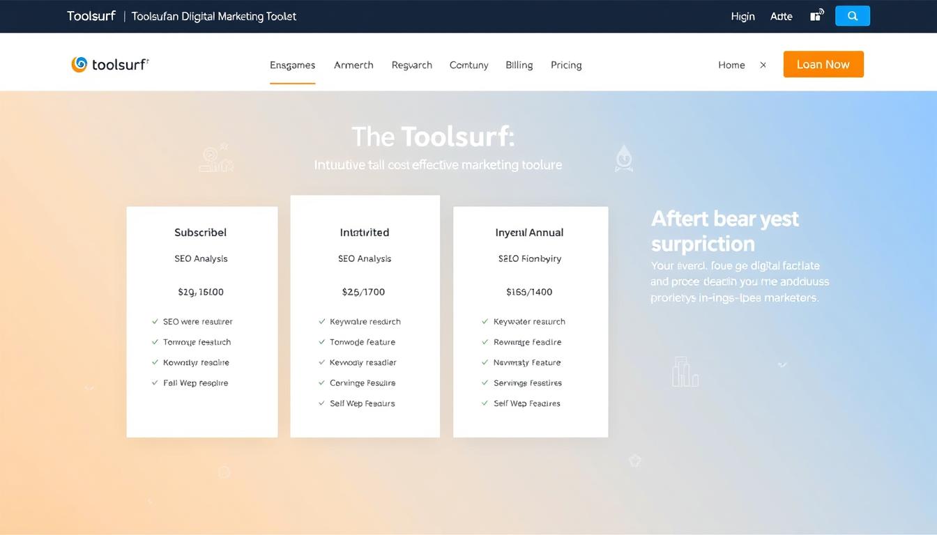 A sleek and modern website interface showcasing the pricing options of Toolsurf, an intuitive and cost-effective digital marketing toolset. The foreground features a clean, minimalist design with a prominent pricing table highlighting the available subscription tiers, monthly/annual billing options, and corresponding feature sets. The middle ground showcases stylized icons and visual cues alluding to the platform's key capabilities, such as SEO analysis, keyword research, and competitor monitoring. The background maintains a soft, muted gradient palette, creating a visually appealing and professional atmosphere. The overall composition conveys a sense of affordability, accessibility, and the seamless integration of Toolsurf's powerful suite of tools, perfect for budget-conscious digital marketers. toolsurf pricing