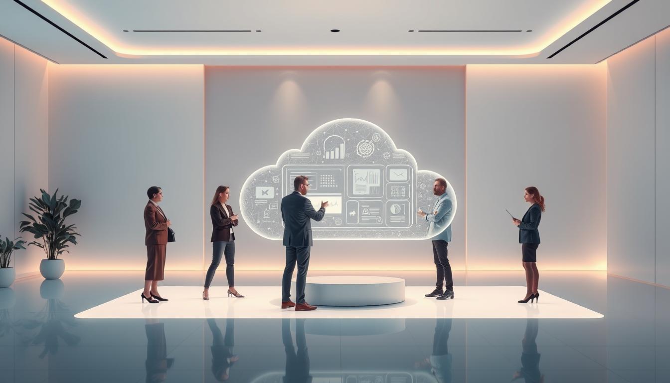 A sleek, cloud-based platform with a group of stylishly dressed professionals collaborating on a project displayed on a large, floating holographic screen. The scene is illuminated by soft, diffused lighting, casting a warm, futuristic glow. The background features a minimalist, high-tech office setting with clean lines and muted colors, emphasizing the advanced, cloud-based nature of the platform. The overall atmosphere conveys efficiency, innovation, and the seamless integration of technology in modern business practices.