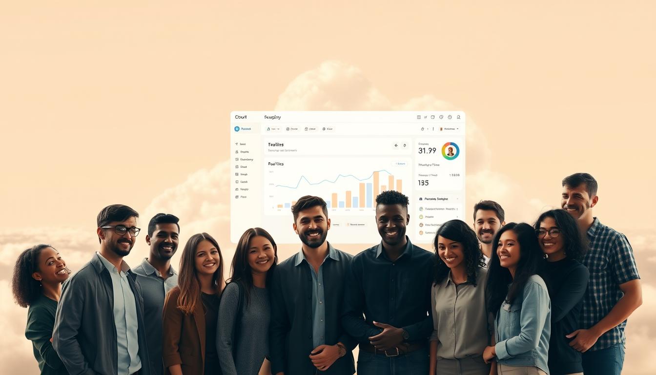 A sleek, cloud-based platform with a minimalist user interface, showcasing a seamless group-buy experience. In the foreground, a group of diverse individuals collaboratively managing their shared purchases, their expressions conveying efficiency and satisfaction. The middle ground features a clean dashboard displaying real-time data analytics, highlighting the platform's powerful features. In the background, a soft, ethereal cloud-like texture provides a sense of weightlessness and integration with the digital landscape. The scene is illuminated by a warm, diffused lighting, creating a welcoming and professional atmosphere. The overall composition emphasizes the platform's intuitive design, collaborative nature, and data-driven insights. Alt-text: cloud-based group-buy platform