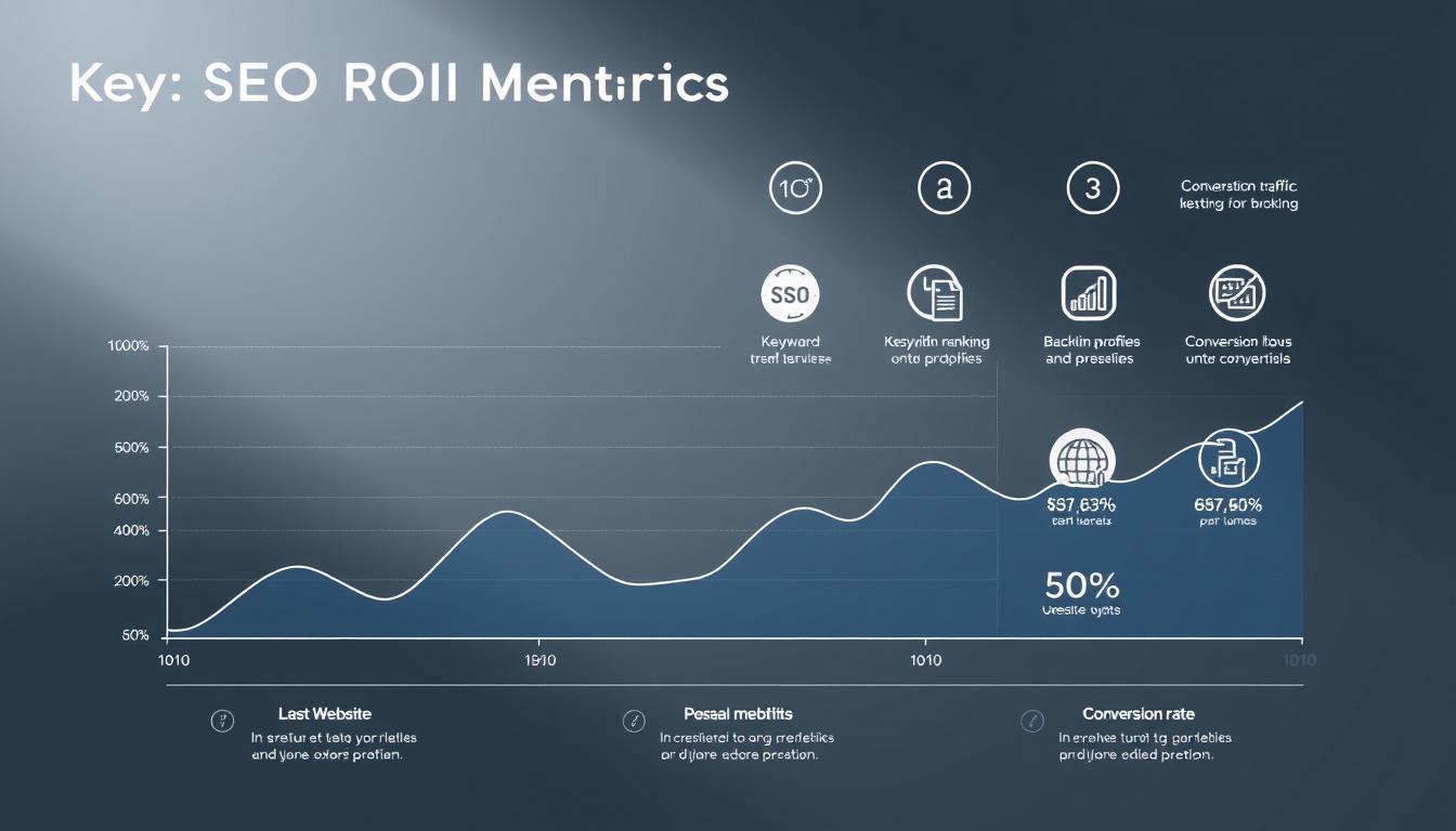 A sleek, data-driven infographic showcasing key SEO ROI metrics. In the foreground, a minimalist line graph displays website traffic, leads, and revenue trends over time, conveyed through elegant data visualizations. The middle ground features crisp icons and concise labels for core SEO KPIs like keyword rankings, backlink profiles, and conversion rates. In the background, a subtle geometric pattern evokes a sense of analytical precision, complemented by muted tones that exude an air of professionalism. Soft, directional lighting casts a subtle glow, creating depth and highlighting the metrics' significance. The overall aesthetic is clean, modern, and tailored to effectively communicate the power of data-driven SEO strategies. Alt-text: SEO ROI metrics