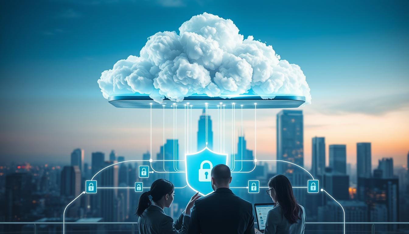 A sleek, futuristic cloud platform floats above a secure network of devices, with data streams flowing seamlessly between them. In the foreground, a group of professionals collaborate on a secure group buy interface, their faces illuminated by the soft glow of holographic displays. The background features a cityscape of towering skyscrapers, their glass facades reflecting the dynamic interplay of technology and security. The overall mood is one of innovation, efficiency, and trust, capturing the essence of "cloud-based group buy security".