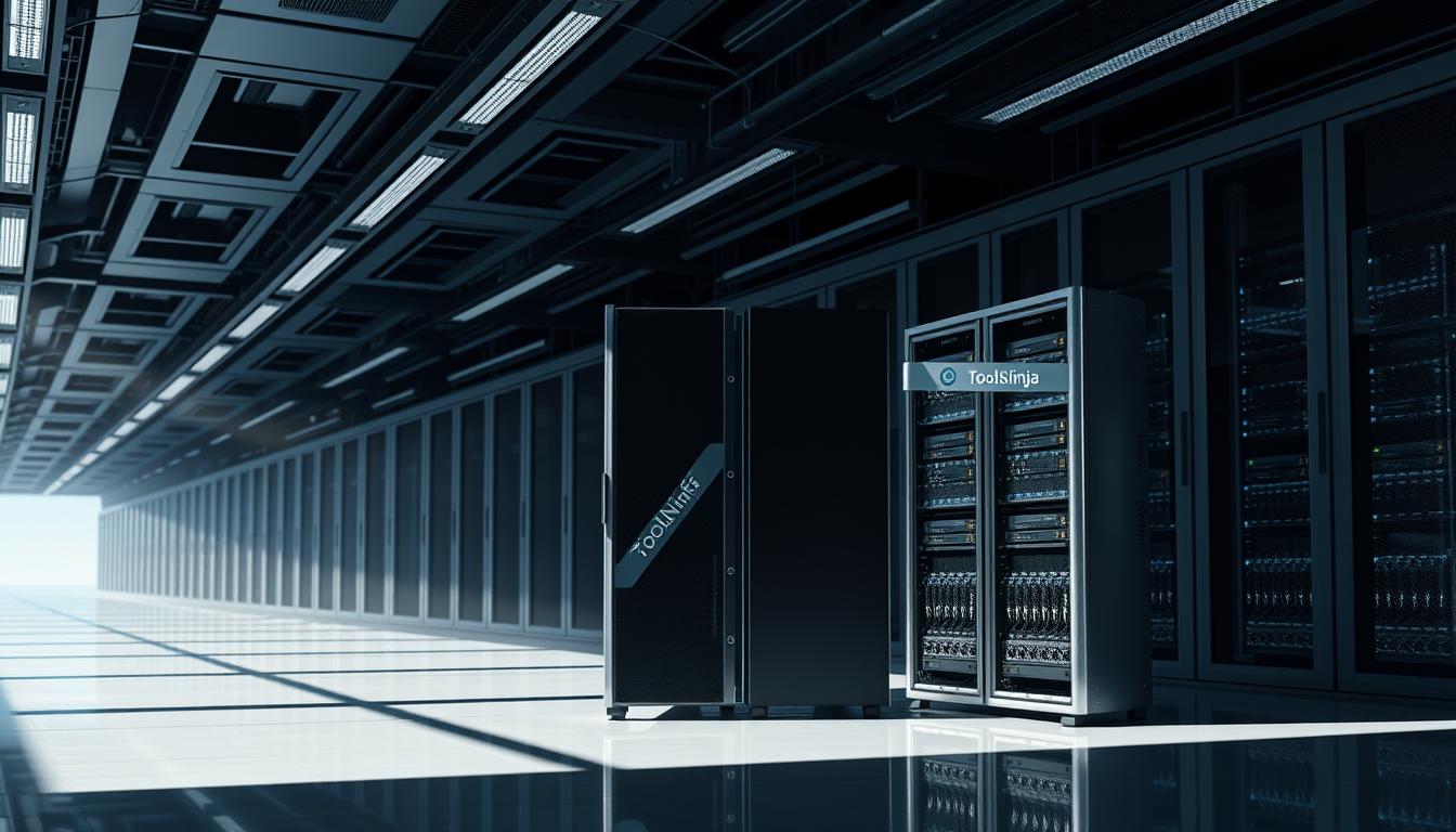 A sleek, futuristic data center interior with rows of high-performance servers. Crisp, directional lighting casts dramatic shadows, emphasizing the clean lines and intricate components. In the foreground, two server racks stand side-by-side, one labeled "ToolsNinja" and the other "Toolsurf," inviting a visual comparison of their reliability and performance. The background features a panoramic view of the facility, with a subtle haze that conveys a sense of scale and technical sophistication. The overall scene exudes a professional, cutting-edge aesthetic that aligns with the subject of the article.