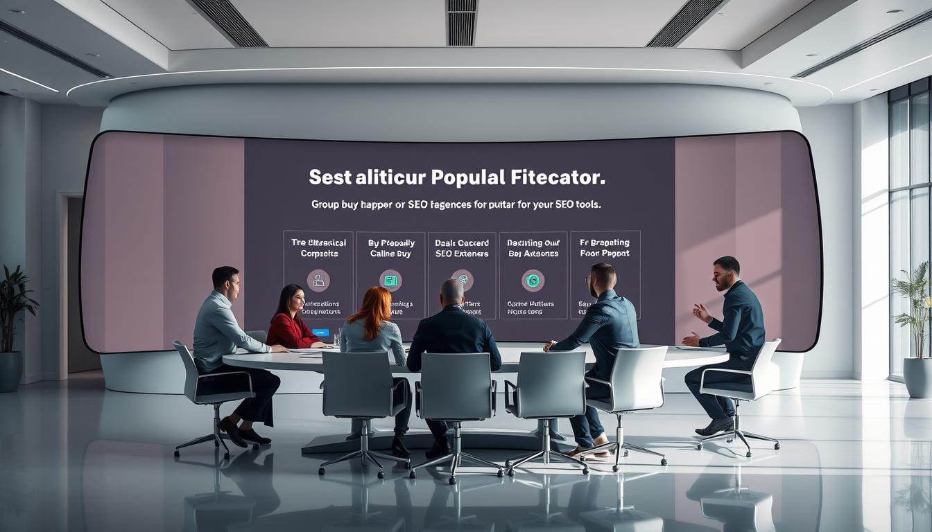 A sleek, futuristic office scene with a large, curved display showcasing a group buy platform for popular SEO tools. In the foreground, several professionals gather around a stylish conference table, engaged in animated discussion as they explore the platform's features and deals. Soft, directional lighting creates a sense of professionalism and innovation, while the background features a minimalist, high-tech interior with clean lines and subtle branding. The overall atmosphere conveys the idea of a collaborative, cost-saving solution for agencies seeking to optimize their SEO workflows.