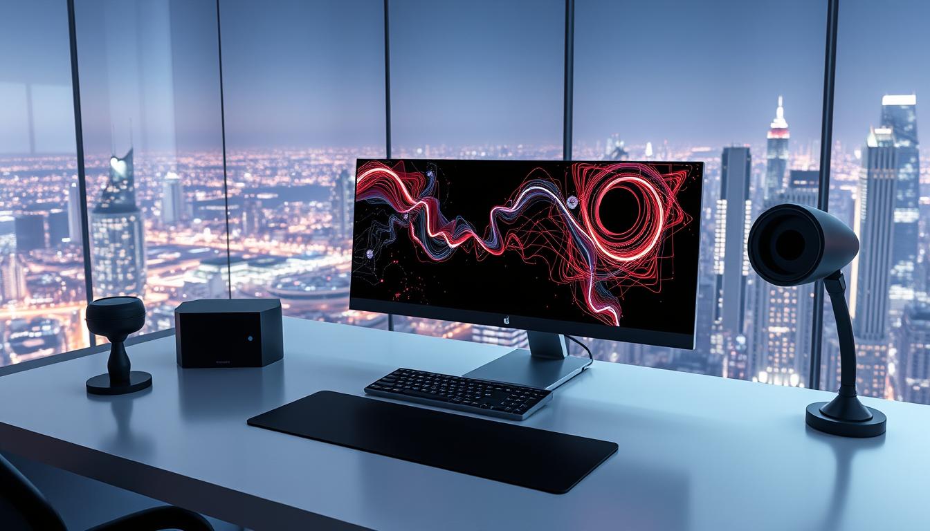 A sleek, futuristic workspace with a minimalist desk and state-of-the-art AI-powered image generation tools. The desktop displays intricate, abstract digital artworks, their vibrant colors and dynamic forms hinting at the powerful capabilities of these innovative technologies. Soft, indirect lighting creates a serene, contemplative atmosphere, while the background features a panoramic view of a gleaming, high-tech cityscape. The scene conveys a sense of the cutting edge of creative expression, where human imagination and artificial intelligence converge to push the boundaries of visual art.