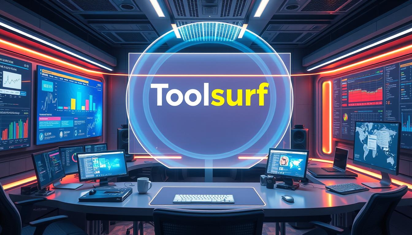 A sleek, futuristic workspace with an array of digital screens and devices showcasing the latest group buy SEO tools. In the center, a striking hologram projection presents Toolsurf, a cutting-edge platform that dominates the scene. Vibrant colors, clean lines, and a sense of technological innovation create an atmosphere of progress and efficiency. Subtle lighting casts a warm glow, highlighting the thoughtful design and attention to detail. The image conveys the power and potential of group buy SEO tools, with Toolsurf emerging as the premier solution in a rapidly evolving digital landscape.