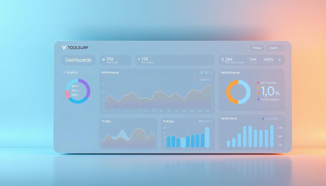 A sleek, minimalist dashboard with a clean, streamlined user interface. The display shows real-time analytics and performance metrics, presented in a visually appealing and easy-to-digest format. Soft, warm lighting illuminates the dashboard, creating a sense of professionalism and efficiency. The layout is organized with clear sections and intuitive navigation, allowing the user to quickly access the most important information. The dashboard is rendered in a high-resolution, high-contrast display, showcasing the advanced technology and robust platform features of the Toolsurf software. The overall aesthetic is modern, sophisticated, and designed to enhance the user's productivity and decision-making. Prompt