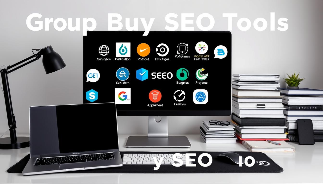 A sleek, minimalist desktop setup showcasing an array of SEO tool logos and icons in a stylish, organized display. The foreground features a sophisticated laptop, monitor, and mouse pad arranged harmoniously, with the SEO tools prominently displayed. The middle ground includes neatly stacked folders, notebooks, and other office accessories, creating a sense of productivity and professionalism. The background depicts a modern, well-lit workspace with clean lines and neutral tones, allowing the SEO tools to take center stage. The overall scene conveys a streamlined, efficient, and visually appealing "group buy SEO tools" experience.
