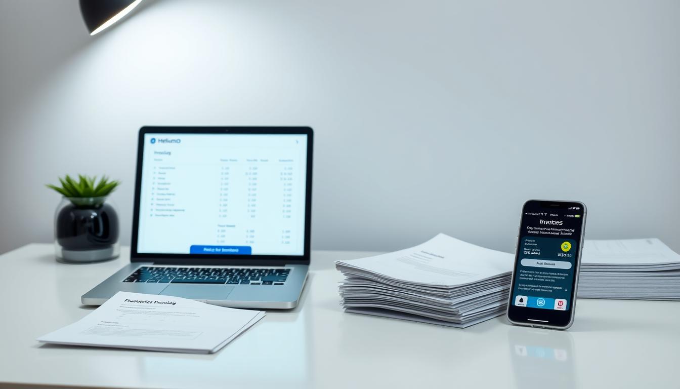 A sleek, minimalist desktop workspace with a laptop, smartphone, and a stack of invoices representing the financial planning aspect of a Helium10 group buy. Soft, even lighting from above accentuates the clean, modern aesthetic. The laptop screen displays a detailed breakdown of subscription costs and package options, while the smartphone displays a user-friendly app interface for managing the group buy. The overall mood is one of efficiency, organization, and cost-effectiveness, reflecting the "Budget planning: Costs, subscriptions, and packages that actually save money" section of the article.