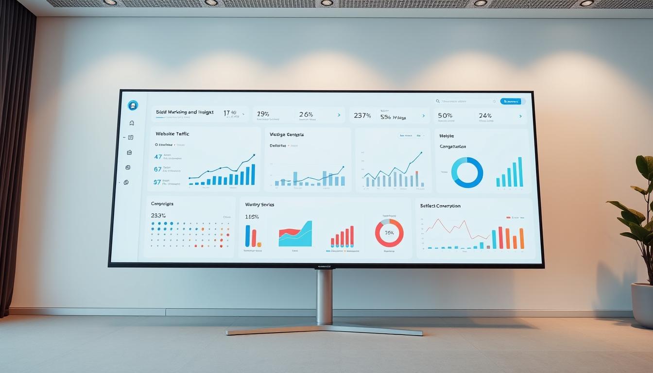A sleek, minimalist digital marketing trends dashboard displayed on a large, high-resolution monitor. The dashboard features clean, modern UI elements and infographics showcasing key metrics like website traffic, lead generation, and conversion rates. The background is a soft, neutral tone, allowing the data visualizations to stand out. The lighting is soft and evenly distributed, creating a professional, technology-forward atmosphere. The camera angle is slightly elevated, giving a broad, comprehensive view of the dashboard. The overall impression is one of data-driven insights and informed decision-making. Digital marketing trends dashboard