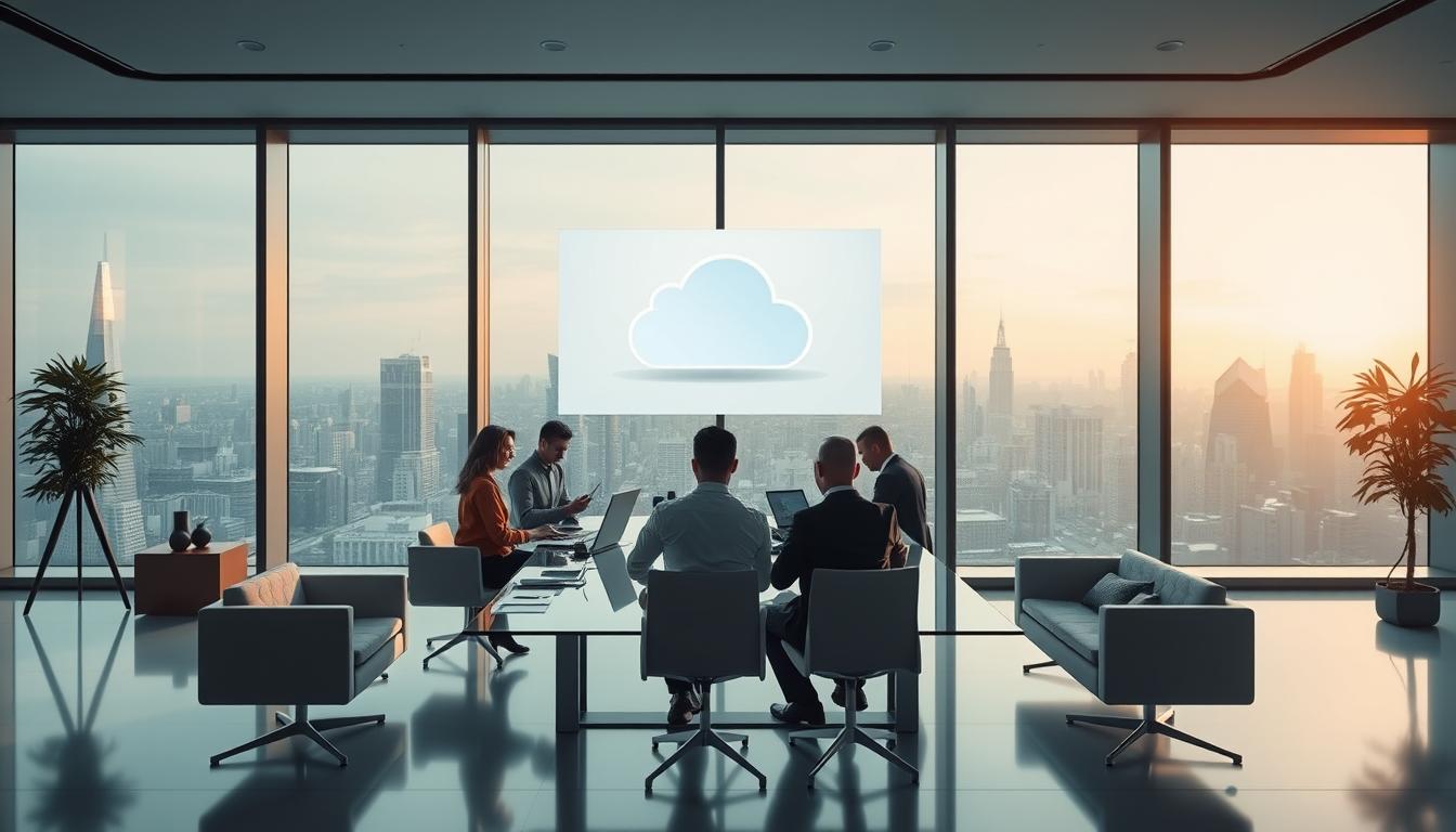 A sleek, minimalist office setting with a large window overlooking a cityscape. In the foreground, a group of professionals collaborating around a glass-topped conference table, their devices and documents seamlessly integrated with a cloud-based platform displayed on a central screen. Subtle ambient lighting casts a warm glow, and the arrangement of furniture and equipment creates a sense of efficiency and connectivity. The overall mood is one of productivity, cooperation, and technological advancement.