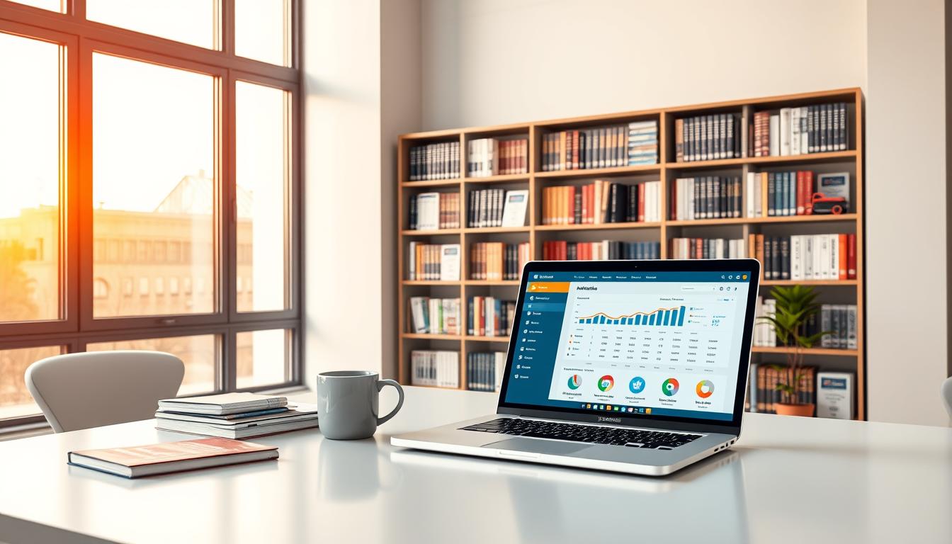 A sleek, minimalist office setting with large windows that let in warm, natural light. On a clean, uncluttered desk, a modern laptop displays a user-friendly SEO analytics dashboard. Next to it, a stylish coffee mug and a neatly organized stack of reference materials. In the background, bookshelves filled with industry-leading SEO guides and certifications, conveying expertise and trustworthiness. The overall atmosphere is one of professionalism, transparency, and a commitment to delivering high-quality SEO tools and services. Alt-text: Trustworthy SEO tool provider