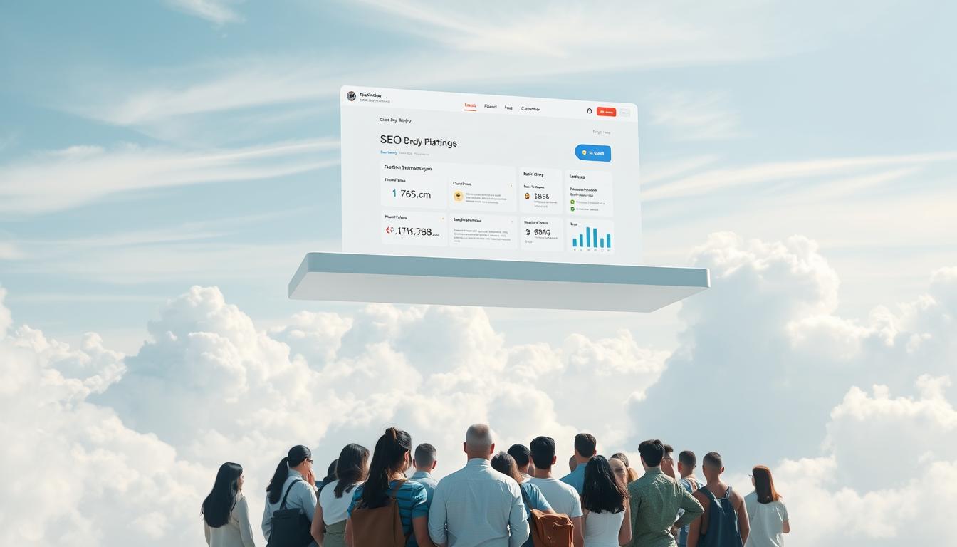 A sleek, minimalist platform floating amidst wispy clouds, its clean interface showcasing a seamless group-buying experience. Soft natural lighting filters through the ethereal scene, highlighting the platform's intuitive navigation and sophisticated data visualization tools. In the foreground, a diverse group of users collaboratively curate and access a wide range of discounted, high-quality SEO products - the centerpiece of this cloud-based group buy solution. The overall atmosphere conveys efficiency, transparency, and a sense of empowerment for digital marketers and bloggers seeking to optimize their online presence through affordable, crowd-sourced tools.