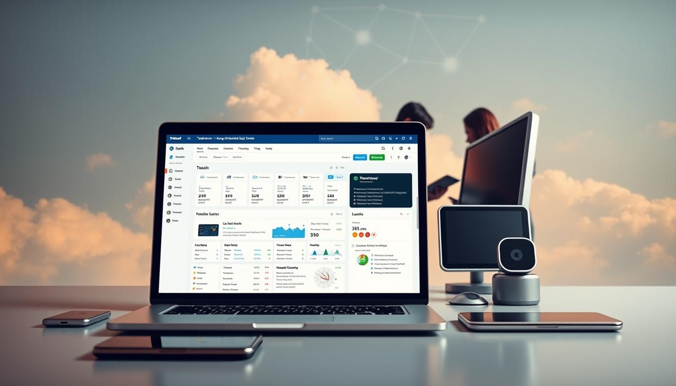 A sleek, minimalist workspace against a cloudy sky backdrop. In the foreground, a laptop displays the Toolsurf dashboard, showcasing its suite of cloud-based SEO tools. Arranged neatly around the laptop are various devices and peripherals, including a smartphone, tablet, and a compact desktop monitor. The middle ground features a team of professionals collaboratively analyzing data and strategizing, their faces obscured by the sense of focus. In the background, a network of interconnected clouds symbolizes the cloud-based nature of the tools, hinting at their accessibility and scalability. Warm, diffused lighting creates a sense of professionalism and productivity, while the muted color palette evokes a sophisticated, forward-thinking aesthetic.