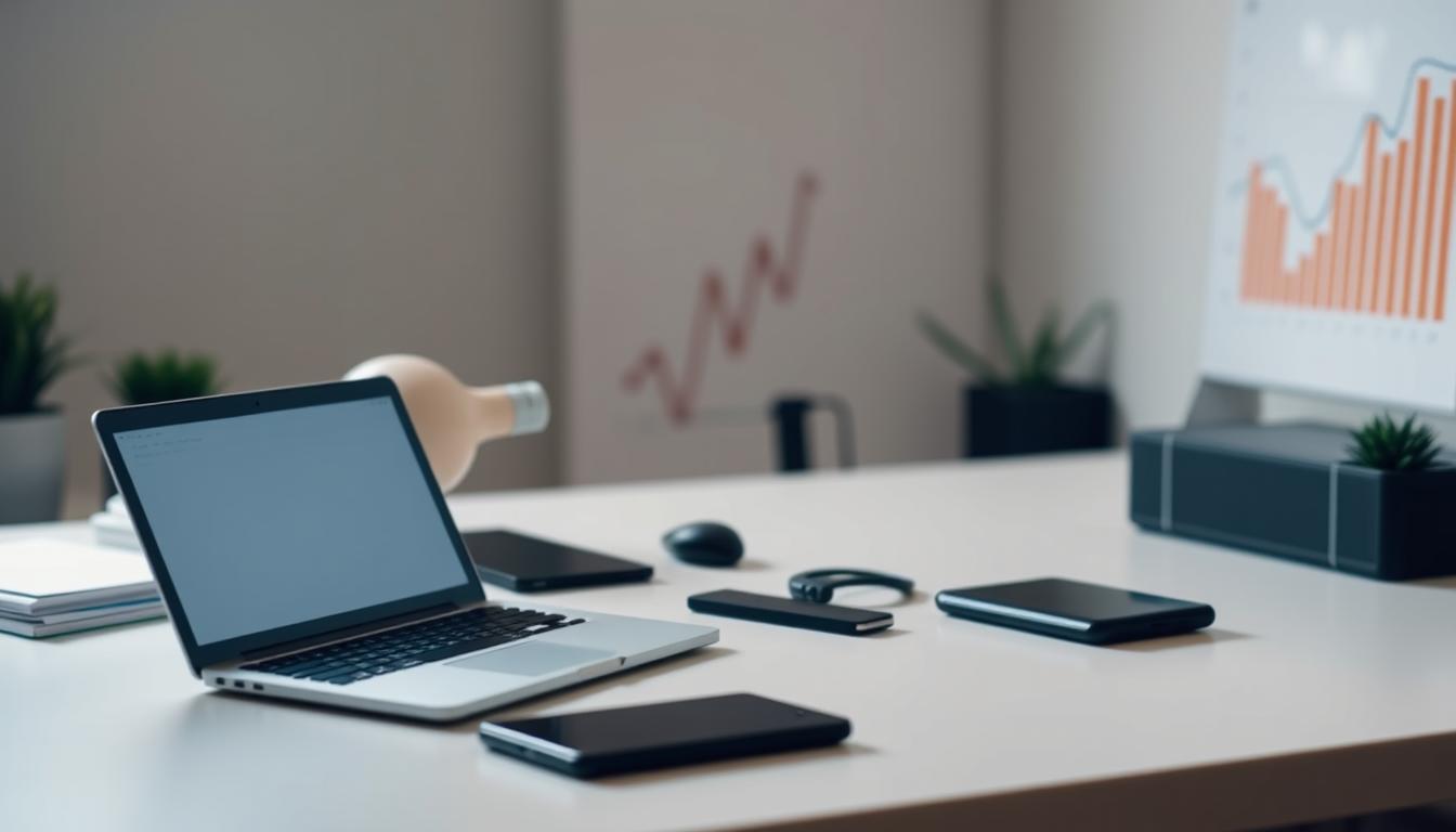 A sleek, minimalist workspace with a laptop, smartphone, and other cost-effective digital tools arranged neatly. The lighting is soft and warm, creating a productive and efficient atmosphere. In the background, subtle graphs and charts hint at the data-driven insights these tools can provide. The composition emphasizes the streamlined, no-frills nature of the setup, conveying the key benefits of affordability and efficiency for India's SEO group buy landscape.
