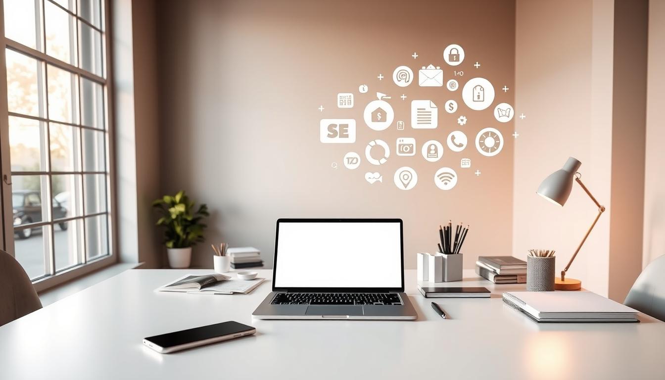 A sleek, minimalist workspace with a laptop, smartphone, and various productivity tools neatly arranged on a clean, white desk. A warm, natural light filters in through large windows, casting a soft glow over the scene. In the background, a stylized graphic of various SEO icons and logos hovers, hinting at the premium tools available to the user. The overall mood is one of efficiency, organization, and the ability to access top-tier SEO resources on a budget.