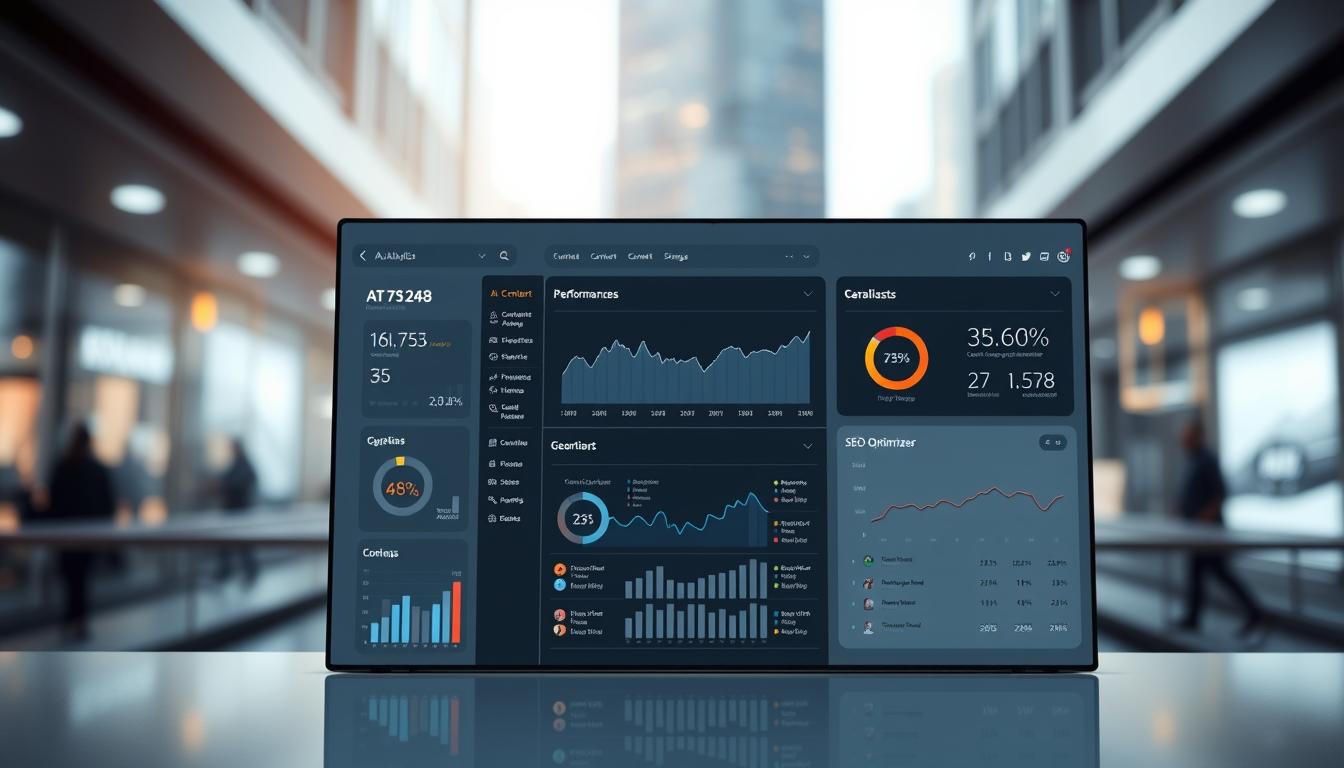 A sleek, modern AI content automation dashboard with a minimalist user interface. The foreground features a large, central display showcasing real-time analytics and performance metrics, with intuitive data visualizations. In the middle ground, a sidebar menu provides easy access to various automation workflows, content generation tools, and SEO optimization features. The background has a subtle, blurred cityscape, conveying a sense of a connected, technology-driven environment. The lighting is soft and natural, creating a professional, polished atmosphere. The overall aesthetic is clean, sophisticated, and designed to enhance productivity and workflow efficiency. AI content automation dashboard