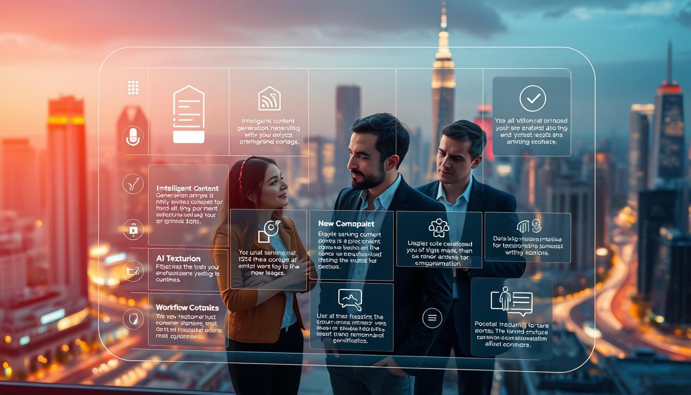 A sleek, modern AI writing tools platform against a backdrop of a dynamic cityscape. In the foreground, a holographic interface displays an array of AI-powered features - intelligent content generation, text analysis, and workflow optimization. The middle ground showcases a team of professionals collaboratively brainstorming and refining their content, their expressions reflecting the platform's intuitive and user-friendly design. In the background, a cityscape of towering skyscrapers and neon-lit streets conveys a sense of innovation and technological prowess. Warm lighting casts a soft glow, creating an atmosphere of creativity and productivity. The overall impression is one of an advanced, seamless AI writing tools platform that empowers users to elevate their content creation. AI writing tools platform