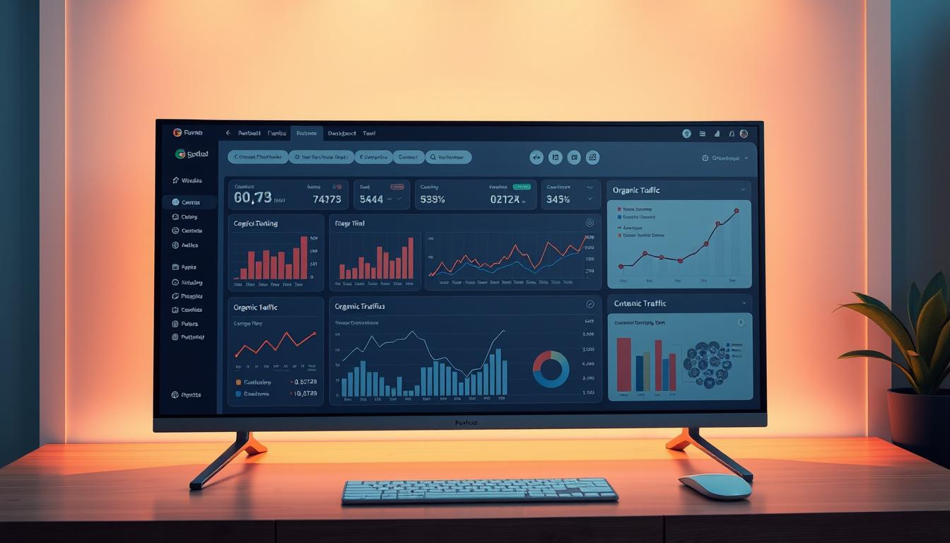 A sleek, modern SEO tool dashboard displayed on a high-resolution display. The interface features intuitive data visualizations, interactive charts, and customizable widgets, providing a comprehensive overview of keyword rankings, organic traffic, and content performance. The dashboard is bathed in a warm, professional lighting that creates a sense of authority and expertise. The layout is clean and uncluttered, with a focus on clarity and ease of use. The overall atmosphere evokes a sense of control and mastery over the complex world of search engine optimization.