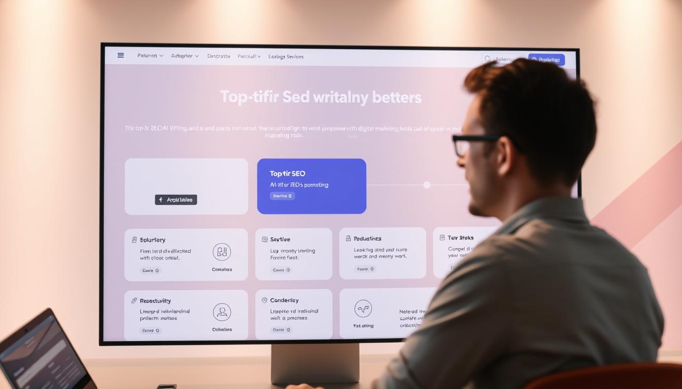 A sleek, modern UI with a clean, intuitive layout showcasing an array of top-tier SEO, AI writing, and other essential digital marketing tools. The platform's interface is bathed in a soft, warm lighting, creating a sense of sophistication and productivity. In the foreground, a user seamlessly navigates through the various features, while the background features a minimalist design with subtle gradients and geometric shapes, conveying a sense of technological prowess. The overall atmosphere exudes professionalism, efficiency, and a commitment to empowering digital marketers with best-in-class solutions.
