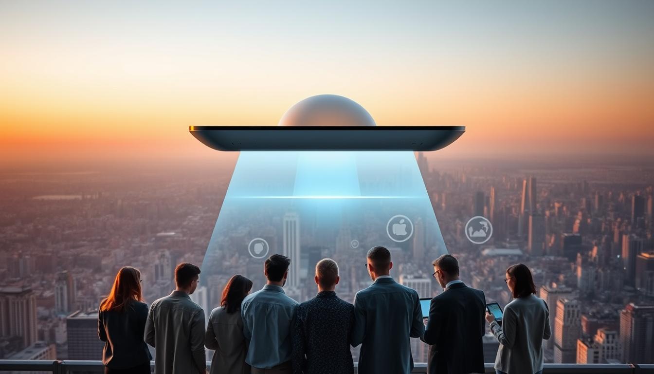 A sleek, modern cloud-based platform hovers above a cityscape, casting a soft, diffused glow. In the foreground, a group of diverse professionals collaborate seamlessly, their devices connected to the platform's intuitive interface. The middle ground features a clean, minimalist design with subtle gradients and geometric shapes, hinting at the platform's advanced capabilities. In the background, a sprawling metropolis stretches out, symbolizing the platform's widespread accessibility and reach. The scene is bathed in a warm, neutral color palette, evoking a sense of professionalism and efficiency. The overall atmosphere conveys the power and convenience of a cloud-based group access platform. Prompt
