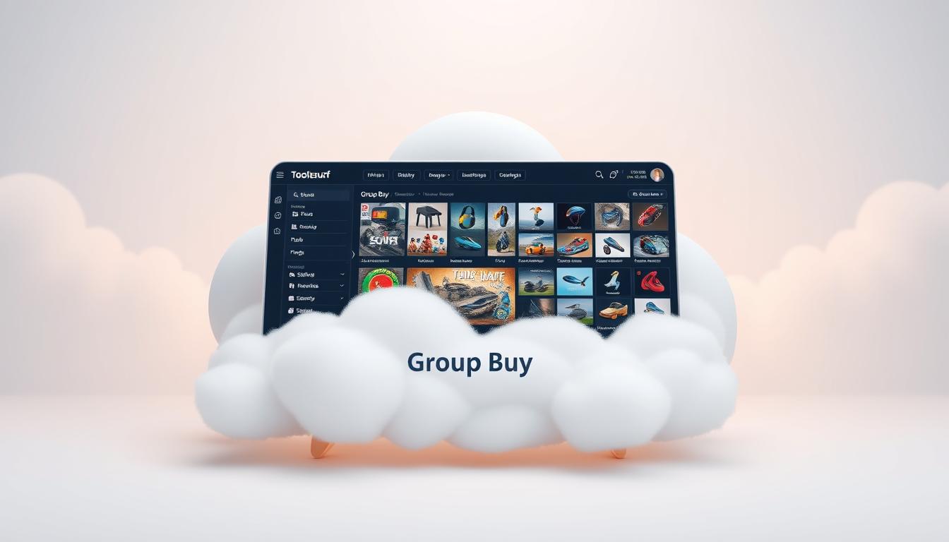 A sleek, modern cloud-based platform showcasing Toolsurf.com's innovative group buy service. In the foreground, a stylized 3D illustration depicts a seamless interface with intuitive navigation, elegant UI elements, and a prominent "Group Buy" call-to-action. The middle ground features a dynamic array of product thumbnails, conveying the diverse offerings available through the service. The background depicts a serene, ethereal cloud-like environment, symbolizing the scalability and reliability of the cloud-based infrastructure. Soft, diffused lighting creates a sense of warmth and professionalism, while the overall composition strikes a balance between functionality and aesthetic appeal. cloud-based group buy service