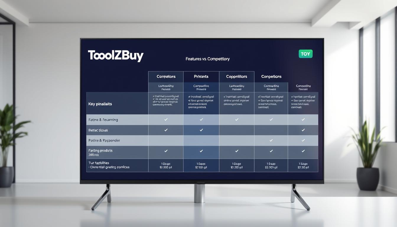 A sleek, modern comparison chart displayed on a large, high-resolution screen. The foreground showcases the ToolzBuy logo prominently, with its features and pricing neatly organized in a clean, data-driven layout. The middle ground highlights the competing products, their key capabilities, and how they stack up against ToolzBuy's offerings. The background features a subtle, minimalist office setting, with hints of natural light and a neutral color palette that complements the overall professional tone. The scene conveys a sense of authority, expertise, and a data-driven approach to evaluating the market landscape. Alt-text: toolzbuy vs competitors comparison