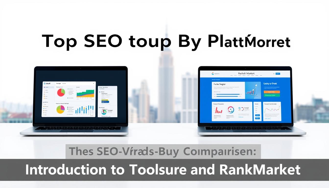 A sleek, modern comparison of the top SEO group buy platforms, Toolsurf and RankMarket, set against a clean, minimalist background. In the foreground, two laptop screens display the user interfaces of the platforms, showcasing their key features and functionality. The middle ground features subtle data visualizations and infographics, highlighting the platforms' performance metrics and user analytics. The background is a softly blurred cityscape, representing the global reach and impact of these powerful SEO tools. The overall mood is professional, informative, and visually striking, perfectly complementing the "Introduction to Toolsurf and RankMarket" section of the article.
