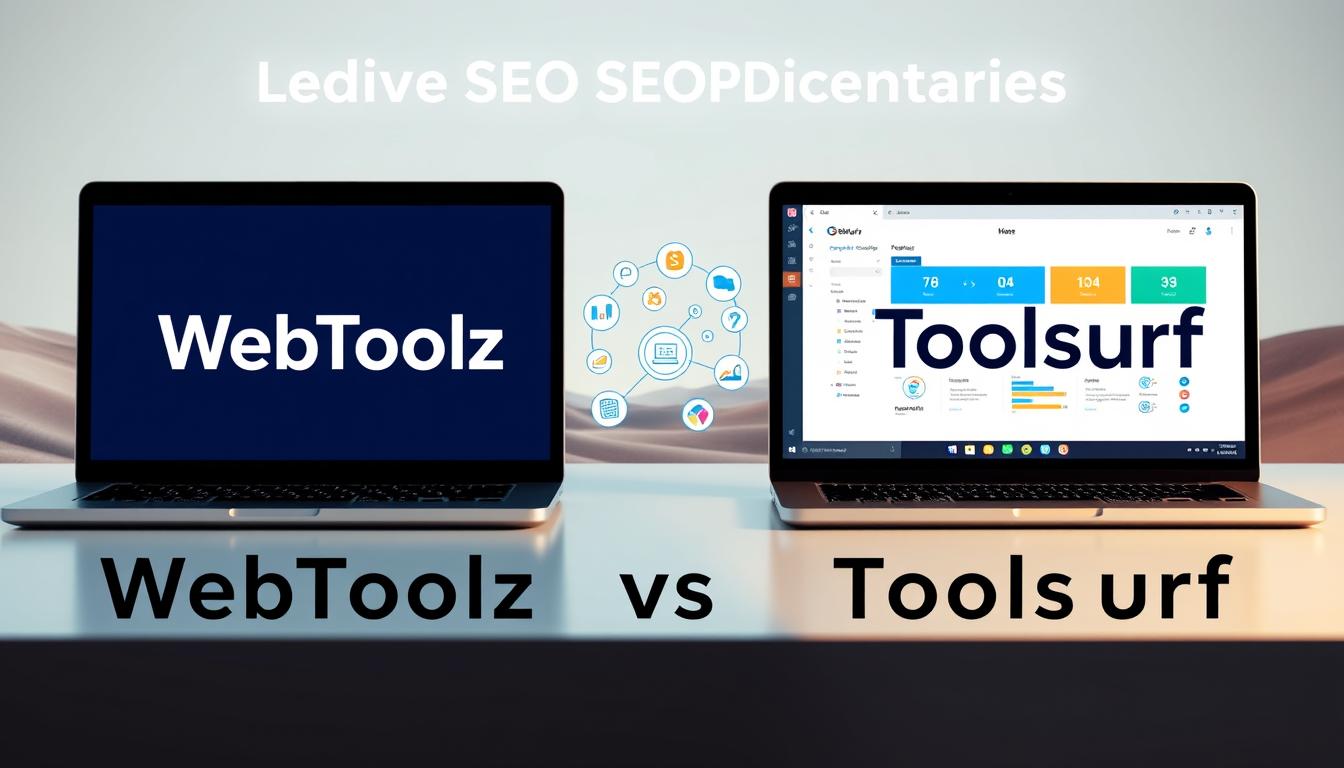 A sleek, modern comparison of two leading SEO platforms, WebToolz and Toolsurf, set against a clean, minimalist background. In the foreground, two laptop screens display the respective platforms' user interfaces, showcasing their key features and functionality. The middle ground features stylized icons and data visualizations, highlighting the platforms' analytics and reporting capabilities. The background is a softly blurred, gradient-based landscape, evoking a sense of professionalism and technological sophistication. Subtle lighting casts a warm, inviting glow, drawing the viewer's attention to the central comparison. The overall composition conveys a sense of informed decision-making, guiding the viewer through the nuances of these leading SEO tools. Alt-text: SEO platform comparison