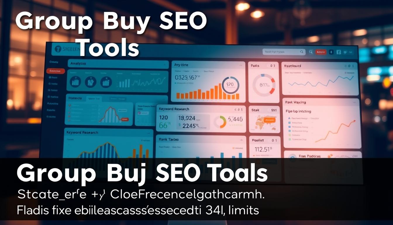 A sleek, modern dashboard displaying a range of SEO tools and metrics, bathed in warm, directional lighting that accentuates the clean, minimalist UI. The foreground features prominently the "Group Buy SEO Tools" title, with various data visualizations and interactive widgets arranged in a visually compelling layout. The middle ground showcases detailed analytics, keyword research, and rank tracking components, while the background subtly hints at a blurred cityscape, conveying a sense of urban sophistication. The overall mood is one of professional efficiency and data-driven insights, perfectly suited to illustrate the "Toolzen: A Closer Look at its Features and Limitations" section. Alt-text: Group Buy SEO Tools Dashboard