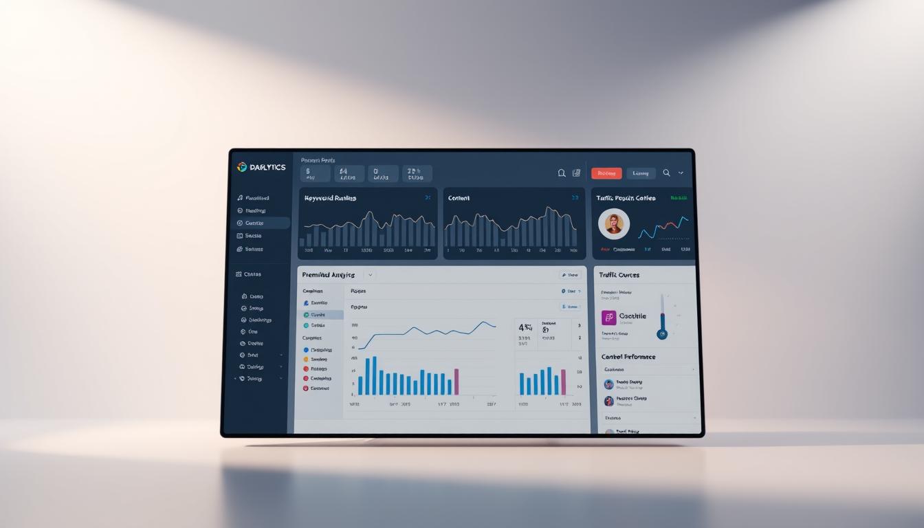 A sleek, modern dashboard displaying a suite of premium SEO analytics tools. In the foreground, a clean interface with intuitive data visualizations and customizable metrics. The middle ground showcases detailed reports on keyword rankings, traffic sources, and content performance. In the background, a subtle gradient backdrop evokes a sense of technological sophistication. Soft, directional lighting casts an elegant glow across the screen, creating depth and highlighting the dashboard's premium features. The overall scene conveys a powerful, yet refined, tool for data-driven SEO decision-making. alt-text: premium seo tools dashboard