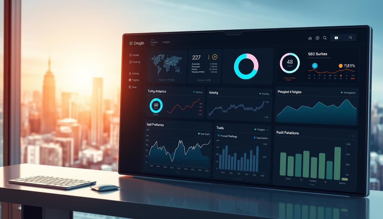A sleek, modern dashboard displaying various SEO and AI tools, bathed in a warm, soft lighting. The foreground features a clean, minimalist interface with intuitive controls and data visualizations. In the middle ground, detailed analytics charts and performance metrics are presented in an organized, easy-to-digest manner. The background showcases a stylized, abstract cityscape, symbolizing the interconnectedness of digital marketing strategies. The overall mood is one of efficiency, productivity, and data-driven decision-making. Alt-text: SEO and AI tools dashboard.