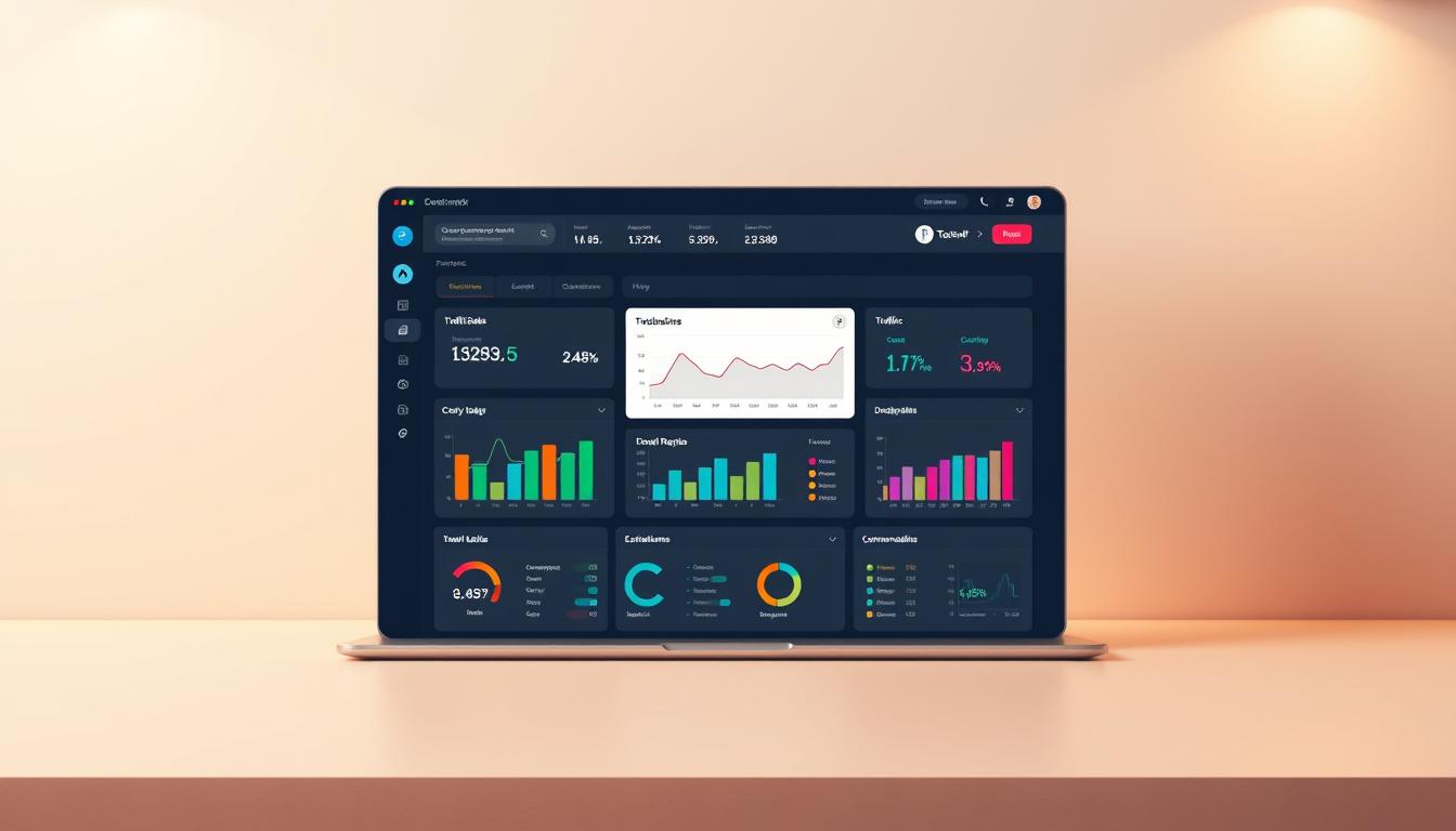 A sleek, modern dashboard for Toolsurf.com, a leading SEO tools provider. The interface features a clean, minimalist design with a central dashboard displaying key performance metrics, traffic data, and optimization recommendations. Colorful charts and graphs present insights at a glance, while intuitive controls allow seamless navigation. The layout is balanced, with a spacious middle ground framed by subtle background elements like soft-focus city skylines and elegant typography. Warm, diffused lighting creates a professional, productive atmosphere, inviting the user to explore the comprehensive suite of SEO tools.