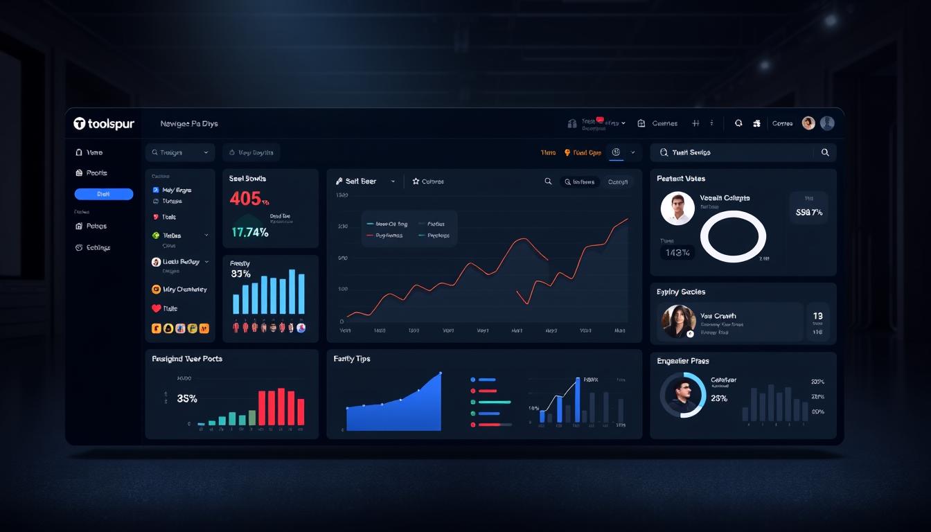 A sleek, modern dashboard for the Toolspur group buy platform. The interface features a clean, minimalist design with bold typography and intuitive data visualizations. In the foreground, a central panel displays key metrics and performance indicators, surrounded by customizable widgets and toggles. The middle ground showcases an expansive graph charting user growth and engagement trends, while the background evokes a subtle techno-industrial ambiance with muted tones and subtle textures. Crisp lighting accentuates the depth and dimensionality of the UI, creating a visually striking and immersive user experience. Toolspur group buy dashboard