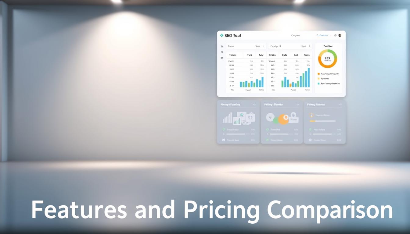 A sleek, modern dashboard showcasing a comprehensive comparison of leading SEO tool pricing and features. In the foreground, a floating display presents neatly organized data and charts, illuminated by soft, directional lighting. The middle ground features stylized icons and graphics representing the key capabilities of the tools, while the background blurs into a minimalist, gradient-infused setting, conveying a sense of professionalism and authority. The overall composition strikes a balance between informative clarity and visual appeal, making it an effective illustration for the "Features and Pricing Comparison" section. Alt-text: SEO tools pricing comparison