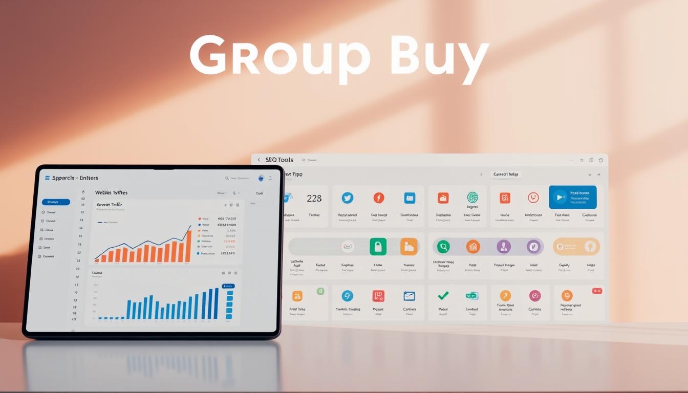 A sleek, modern dashboard showcasing a suite of SEO tools for a group buy offering. The foreground features a clean, minimalist user interface with intuitive data visualizations, highlighting key metrics like website traffic, keyword rankings, and backlink profiles. The middle ground showcases a collection of specialized SEO tools, each with their own distinct icons and branding, arranged in a grid-like layout. The background depicts a soft, gradient-based color scheme, creating a sense of depth and professionalism. Warm, directional lighting casts subtle shadows, accentuating the dashboard's elegant design and sophisticated functionality. The overall mood is one of efficiency, clarity, and a data-driven approach to search engine optimization.