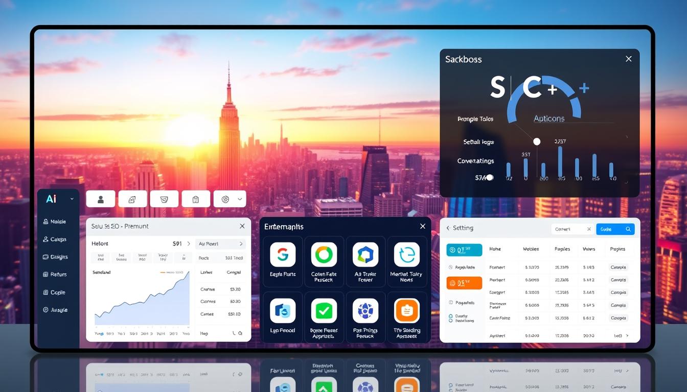 A sleek, modern dashboard showcasing a suite of premium SEO and AI tools. The foreground features a clean, minimalist interface with intuitive data visualizations, performance metrics, and customizable settings. The middle ground displays a grid of app icons representing specialized tools for keyword research, content optimization, link building, and more. The background depicts a vibrant, futuristic cityscape bathed in a soft, warm glow, hinting at the power and potential of these advanced digital marketing solutions. The entire scene is rendered with a high level of detail, sharp focus, and a professional, enterprise-grade aesthetic, conveying the robust capabilities of this premium toolset. Alt-text: Premium SEO and AI tools dashboard